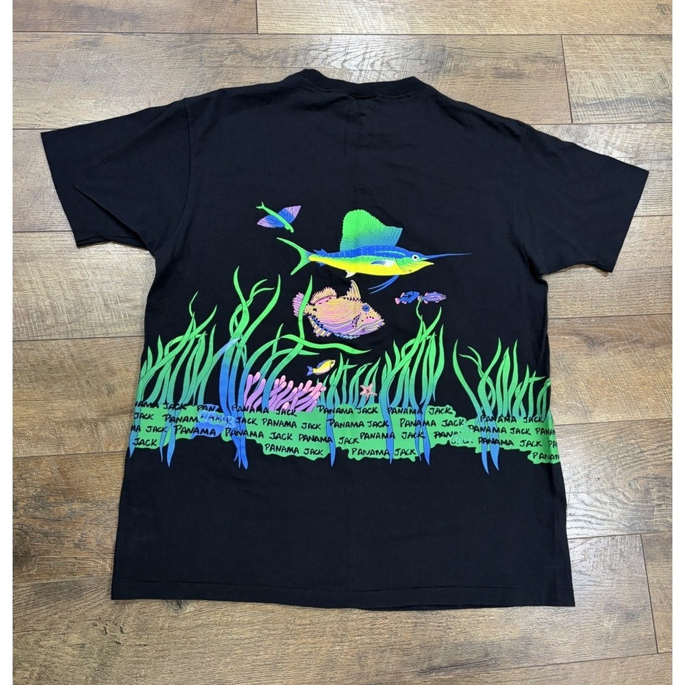 Vintage 80s 90s Panama Jack AOP Neon Fish Tee Made In USA Black XL Single Stitch - Picture 2 of 10